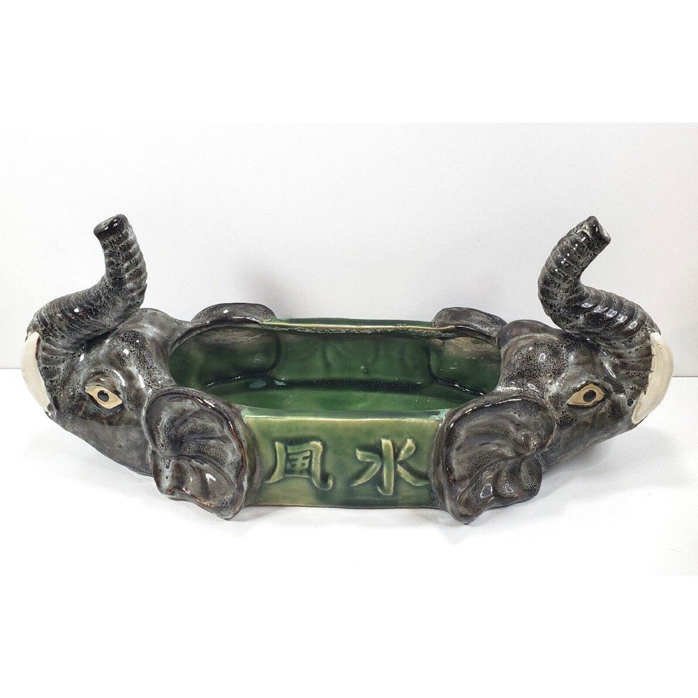 Vintage Asian Two-Headed Faced Ceramic Elephant Planter Oriental Decor Trunk Up